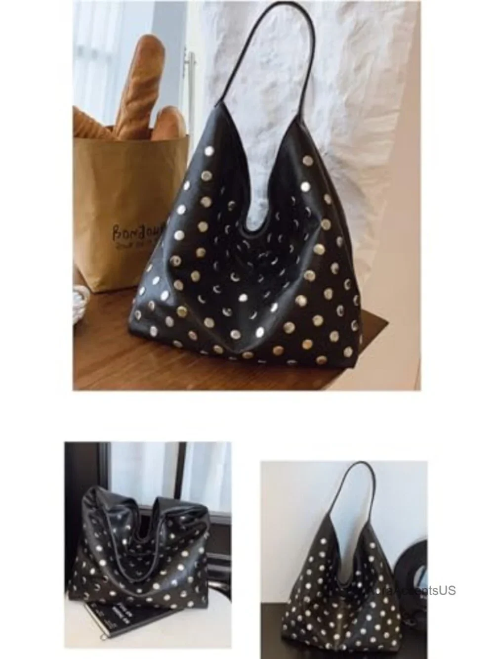 Vegan Leather Studded Hobo Bag Y2K Punk Shoulder Purse Women Slouchy Handbag